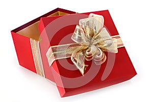 Open gift box with tilted lid and gold bow