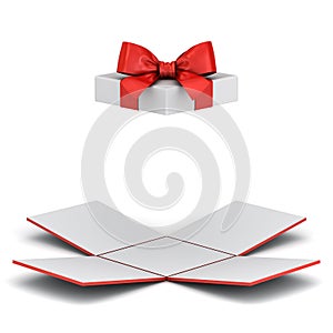 Open gift box or unfold present box with red ribbon bow isolated on white background photo