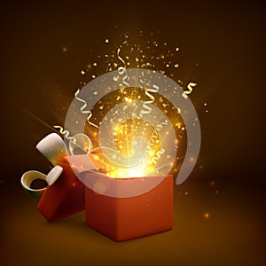 Open gift with fireworks and glitter. Present box decoration design element. Holiday banner with open box