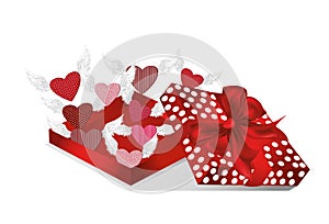 Open gift red box with departing hearts with wings. Valentine`s