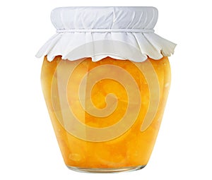 Open glass jar with orange fruit jam