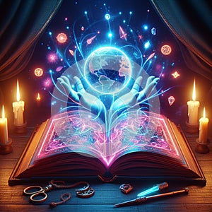 Open glowing neon magic book lying on the table. Illustration created using ai tools.