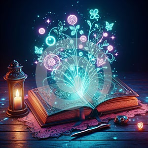 Open glowing neon magic book lying on the table. Illustration created using ai tools.