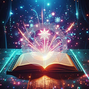 Open glowing neon magic book lying on the table. Illustration created using ai tools.