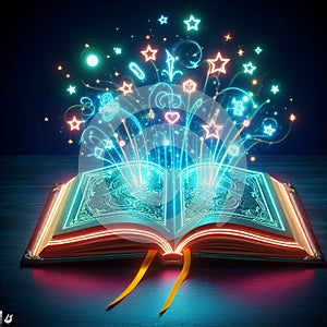 Open glowing neon magic book lying on the table. Illustration created using ai tools.