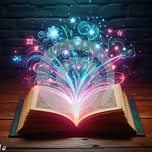 Open glowing neon magic book lying on the table. Illustration created using ai tools.