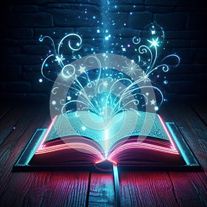 Open glowing neon magic book lying on the table. Illustration created using ai tools.