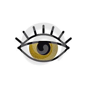 Open gold eye line icon on white background. Look, see, sight, view sign and symbol. Vector linear graphic element