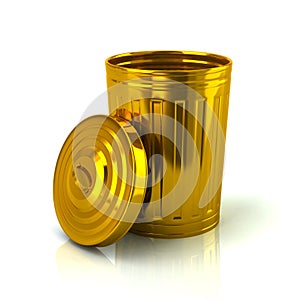 Open golden trash can 3d illustration