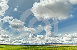 Open grassland with cloudscape and mountains in background. Iceland.