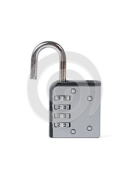 An open gray combination lock isolated on a white background