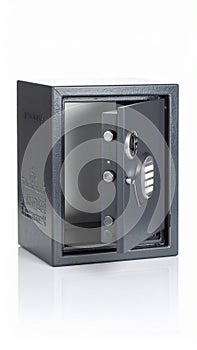 Open gray safe with dial combination lock on a white studio background for security and protection