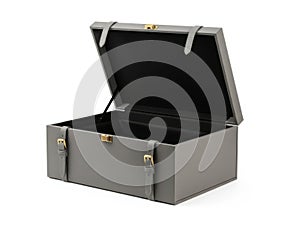Open gray storage box with buckles
