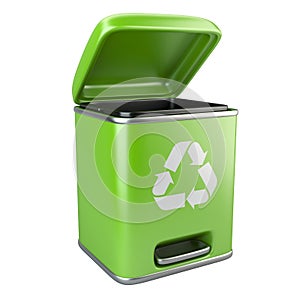 Open green ecological trash can with recycling sign