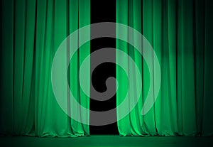 Open green or emerald curtains on theater stage