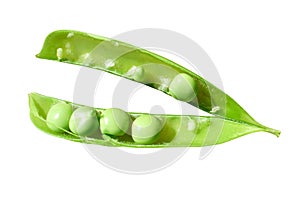 Open green pea pod isolated on white background. Close-up.