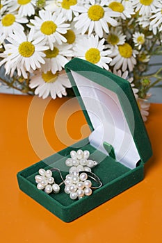 An open green velvet box for jewelry. In it lies a set: a ring and earrings with pearls. Next to the vase is a bouquet of chamomil