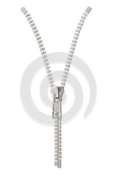 Open grey beige zipper pull concept unzip metaphor, isolated macro closeup detail, large detailed partially opened half zippered