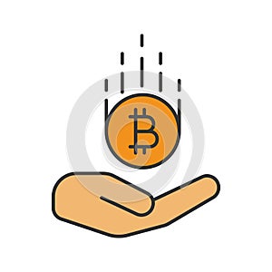 Open hand with bitcoin color icon