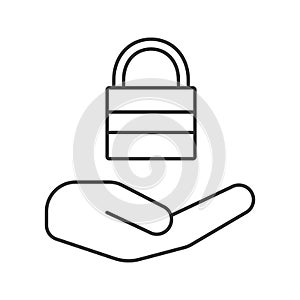 Open hand with closed padlock linear icon