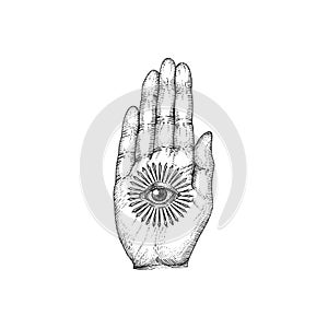 Open hand with Eye of Providence on the palm, vector illustration in engraving style. Drawn sketch of esoteric sign.