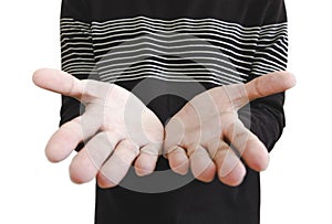 Open hand, holding, giving, showing, shallow depth of field. selective focus on palm, isolated on white background