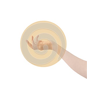 Open hand ready to receive someone or something on sun or nude orange circle on white background. Minimal arm concept. Hand
