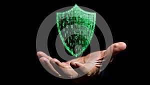 Digital shield protection emerging from an open hand