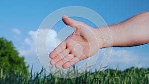 An open hand stretched out for the handshake of a man`s hand. Against the background of a green wheat field and a blue