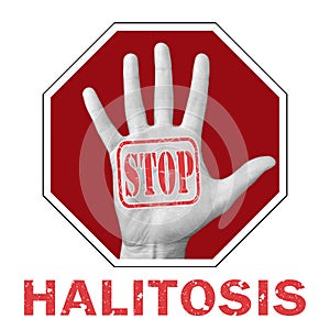 Open hand with the text stop halitosis