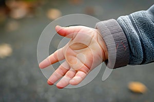 Open hand wearing a cozy sweater outdoors