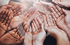Open hands, diversity and help together with community, solidarity and support. Trust, faith and charity hands gesture