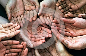 Open hands, diversity and palm with helping community, hunger and support. Poor, poverty and charity help with people