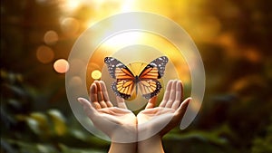 Open hands holding a butterfly over beautiful nature background. Good eco and nature saving message