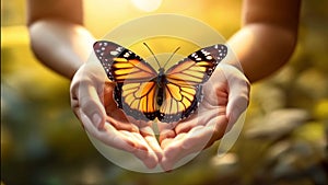 Open hands holding a butterfly over sun rays background. Saving nature and environment concept