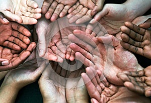 Open hands support, diversity and together with community, solidarity and help. Trust, faith and charity hand gesture