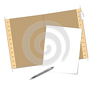 Open hanging folder with plastic tab and label insert, paper sheet and pen, vector illustration. Office stationery. Vector mock-up