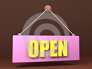 Open hanging rectangle in soft lilac colour 3D icon. open door sign for store or shop