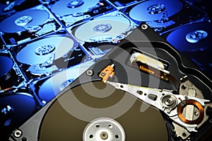 Open hard disk drive of computer, with postproduction effects.