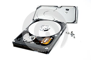 Open hard drive isolated on white background. Computer storage device. Computer hard drive HDD. computer memory
