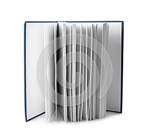 Open hardcover book with blank pages on background