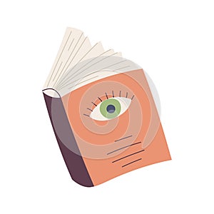 An open hardcover book with eye on cover. A symbol of learning, education. Literature, reading. Color flat cartoon