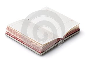 Open hardcover diary with blank pages