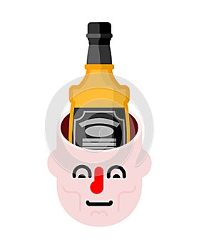 Open head and bottle of whiskey. Alcohol in head. Alcoholic Brain