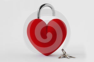 Open heart shaped padlock with keys on white background - Concept of love