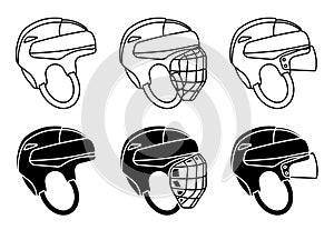 Open hockey helmet icon, with protective grill and transparent visor. Ice hockey field player protective gear. Vector