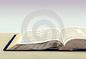 Open Holy bible book, close-up view