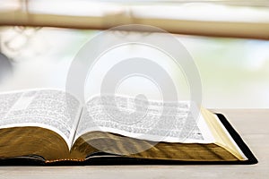 Open Holy bible book on light background