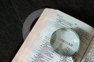 Open Holy Bible Book Old Testament Obadiah prophet with a magnifying glass on dark granite background