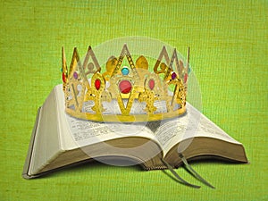 open holy bible book scripture golden crown king jewels gems coronation jesus god jah jehovah christ gospel photo